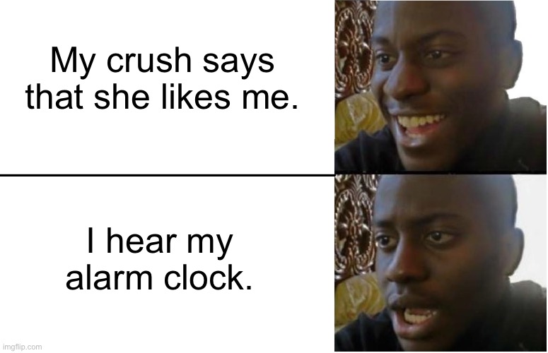Wake Up, It Was Just A Dream | My crush says that she likes me. I hear my alarm clock. | image tagged in disappointed black guy,crush,dream,alarm clock | made w/ Imgflip meme maker