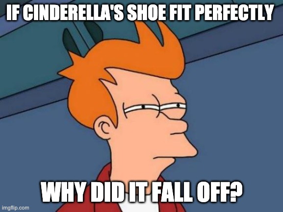 Why? | IF CINDERELLA'S SHOE FIT PERFECTLY; WHY DID IT FALL OFF? | image tagged in memes,futurama fry | made w/ Imgflip meme maker
