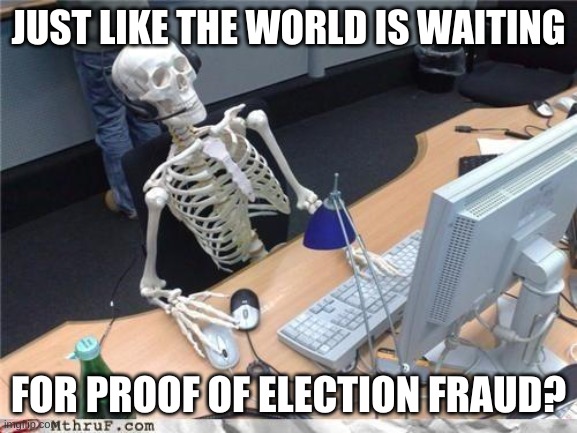 Waiting skeleton | JUST LIKE THE WORLD IS WAITING FOR PROOF OF ELECTION FRAUD? | image tagged in waiting skeleton | made w/ Imgflip meme maker