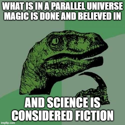 Philosoraptor | WHAT IS IN A PARALLEL UNIVERSE MAGIC IS DONE AND BELIEVED IN; AND SCIENCE IS CONSIDERED FICTION | image tagged in memes,philosoraptor | made w/ Imgflip meme maker