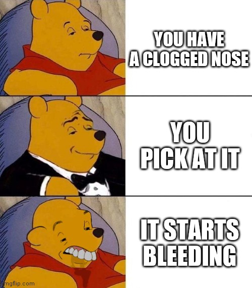 Best,Better, Blurst | YOU HAVE A CLOGGED NOSE; YOU PICK AT IT; IT STARTS BLEEDING | image tagged in best better blurst | made w/ Imgflip meme maker