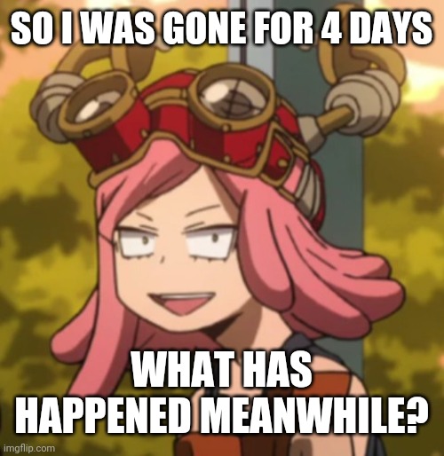 Anyway I could also vent but *wheeze* | SO I WAS GONE FOR 4 DAYS; WHAT HAS HAPPENED MEANWHILE? | image tagged in mei hatsume derp | made w/ Imgflip meme maker