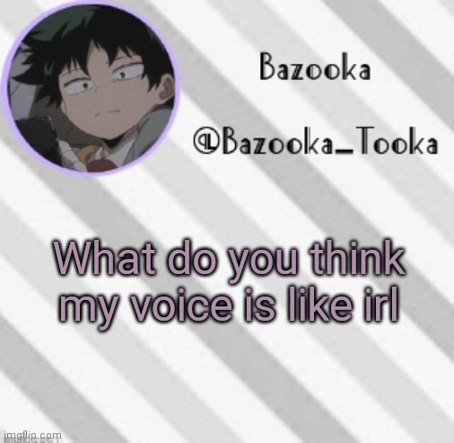 One word: stupid | What do you think my voice is like irl | image tagged in bazooka's borred deku announcement template | made w/ Imgflip meme maker
