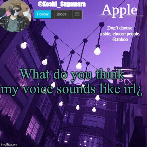 I don’t remember if I’ve done a voice reveal or not lmao | What do you think my voice sounds like irl¿ | image tagged in temp made by le_potato,thanks,bazooka tooka,for the idea | made w/ Imgflip meme maker