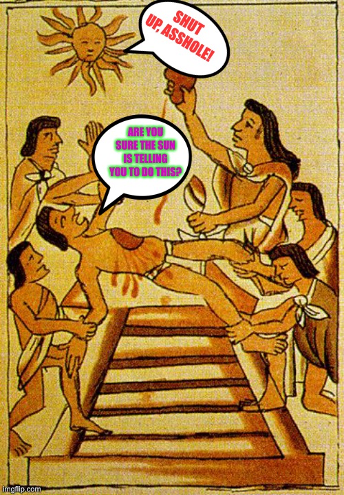 The Sun ☀️ | SHUT UP, ASSHOLE! ARE YOU SURE THE SUN IS TELLING YOU TO DO THIS? | image tagged in aztec sacrifice | made w/ Imgflip meme maker