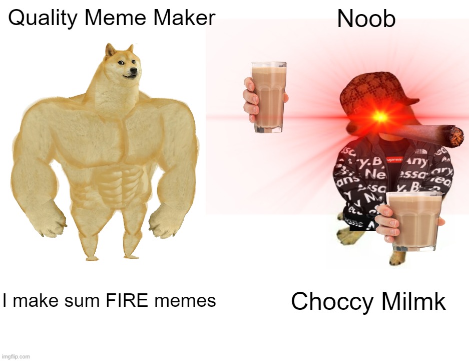 Noob Vs Pro | Quality Meme Maker; Noob; I make sum FIRE memes; Choccy Milmk | image tagged in buff doge vs cheems | made w/ Imgflip meme maker