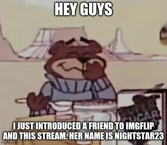 let's give her a warm welcome | HEY GUYS; I JUST INTRODUCED A FRIEND TO IMGFLIP AND THIS STREAM. HER NAME IS NIGHTSTAR23 | image tagged in sugar bear giggling | made w/ Imgflip meme maker