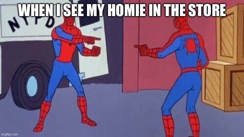 spiderman pointing at spiderman | WHEN I SEE MY HOMIE IN THE STORE | image tagged in spiderman pointing at spiderman | made w/ Imgflip meme maker