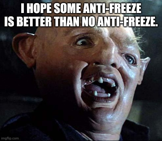 REAL TALK!!!!!!!!!!! |  I HOPE SOME ANTI-FREEZE IS BETTER THAN NO ANTI-FREEZE. | image tagged in sloth goonies | made w/ Imgflip meme maker
