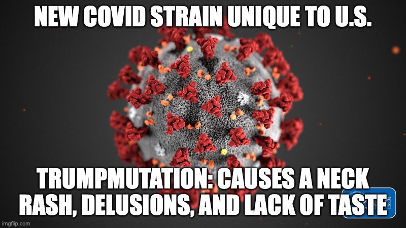 trumpmutation covid United States | NEW COVID STRAIN UNIQUE TO U.S. TRUMPMUTATION: CAUSES A NECK RASH, DELUSIONS, AND LACK OF TASTE | image tagged in covid 19 | made w/ Imgflip meme maker