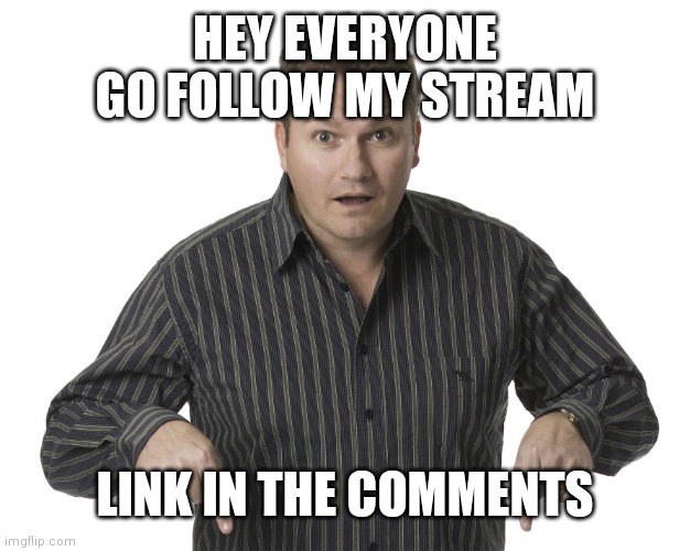 Pls follow | HEY EVERYONE GO FOLLOW MY STREAM; LINK IN THE COMMENTS | image tagged in pointing down disbelief | made w/ Imgflip meme maker