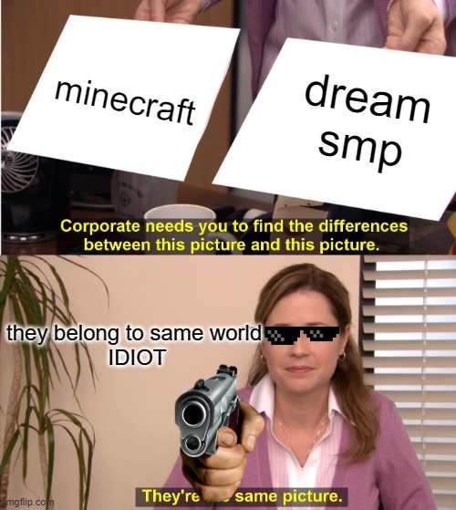 lol | minecraft; dream smp; they belong to same world 
IDIOT | image tagged in memes,they're the same picture | made w/ Imgflip meme maker