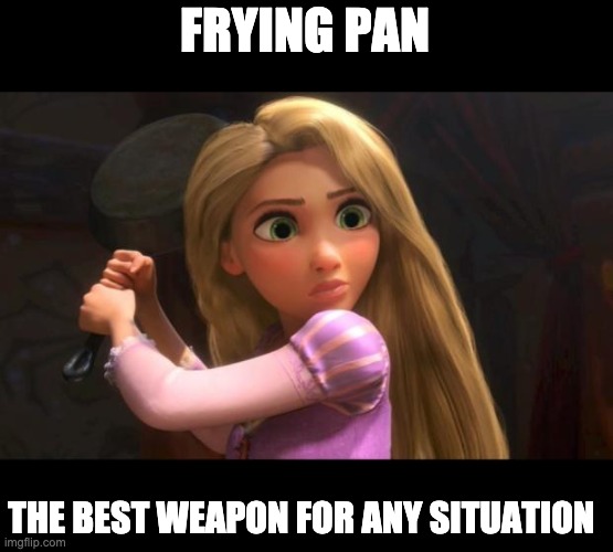 Frying Pan Ad's Would be Like.. | FRYING PAN; THE BEST WEAPON FOR ANY SITUATION | image tagged in rapunzel | made w/ Imgflip meme maker