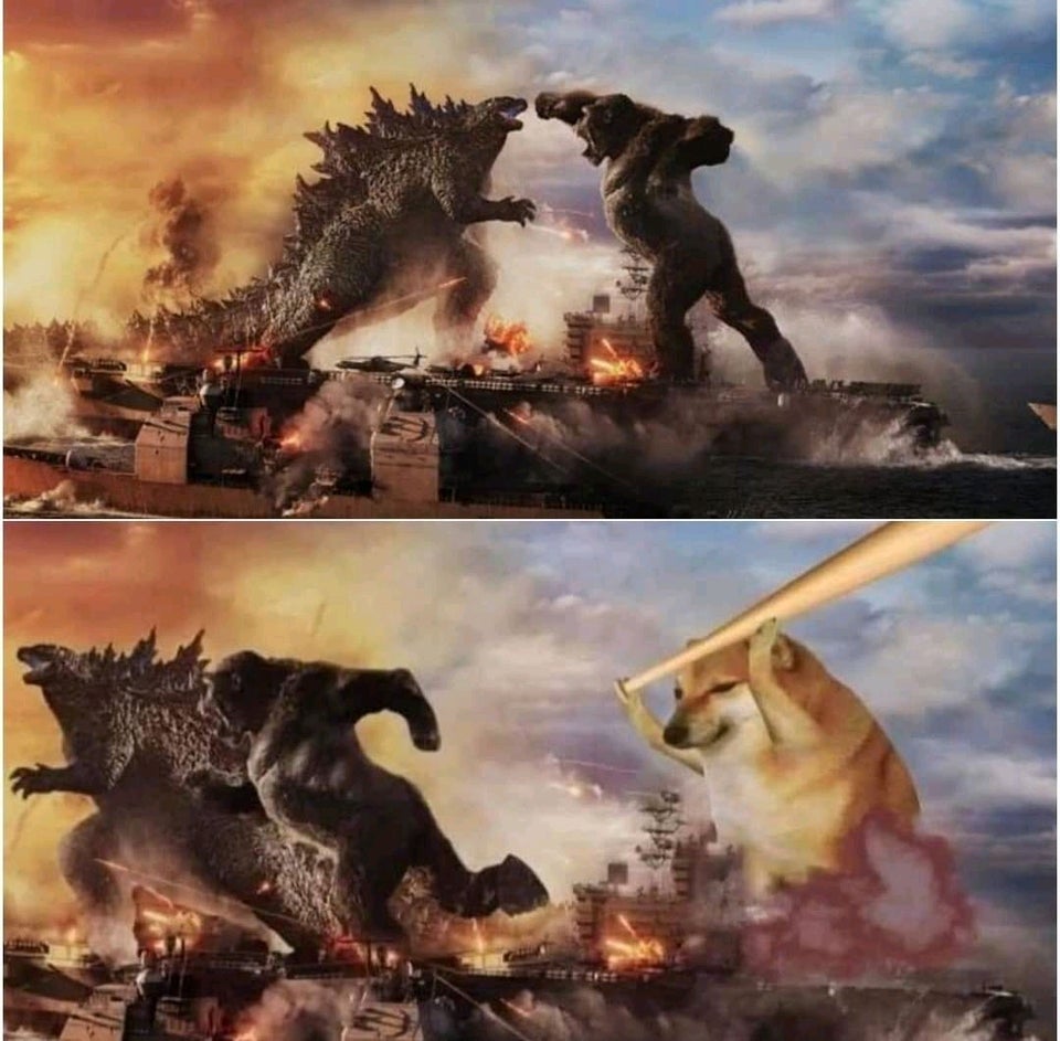 High Quality Cheems chasing Kong and Godzilla with a baseball bat Blank Meme Template