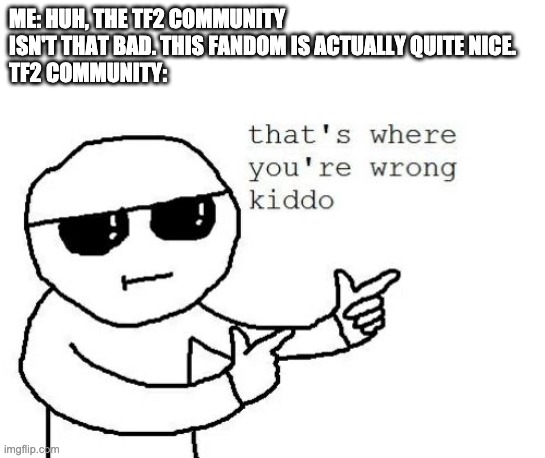 I was considering on playing the game but I guess not | ME: HUH, THE TF2 COMMUNITY ISN'T THAT BAD. THIS FANDOM IS ACTUALLY QUITE NICE.
TF2 COMMUNITY: | image tagged in that's where you're wrong kiddo | made w/ Imgflip meme maker