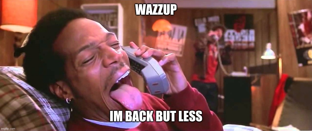 GUESS WHOS BACK!? | WAZZUP; IM BACK BUT LESS | image tagged in wazzup | made w/ Imgflip meme maker