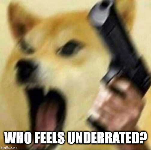 Angry doge with gun | WHO FEELS UNDERRATED? | image tagged in angry doge with gun | made w/ Imgflip meme maker