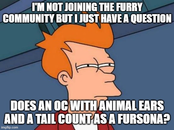 Sorry if it sounds stupid | I'M NOT JOINING THE FURRY COMMUNITY BUT I JUST HAVE A QUESTION; DOES AN OC WITH ANIMAL EARS AND A TAIL COUNT AS A FURSONA? | image tagged in memes,futurama fry | made w/ Imgflip meme maker