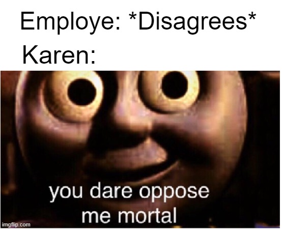 Karens | Employe: *Disagrees*; Karen: | image tagged in you dare oppose me mortal | made w/ Imgflip meme maker