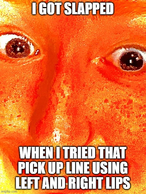 Red Face | I GOT SLAPPED WHEN I TRIED THAT PICK UP LINE USING LEFT AND RIGHT LIPS | image tagged in red face | made w/ Imgflip meme maker