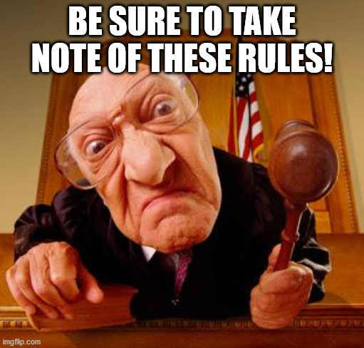 Mean Judge |  BE SURE TO TAKE NOTE OF THESE RULES! | image tagged in mean judge | made w/ Imgflip meme maker