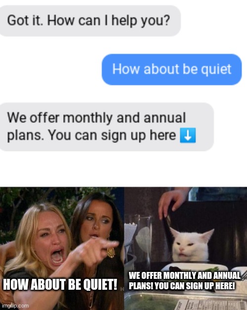 Zoom ripoff | WE OFFER MONTHLY AND ANNUAL PLANS! YOU CAN SIGN UP HERE! HOW ABOUT BE QUIET! | image tagged in memes,woman yelling at cat | made w/ Imgflip meme maker