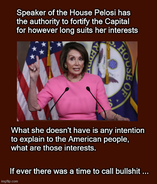 Fort Pelosi, why? | Speaker of the House Pelosi has 
the authority to fortify the Capital
for however long suits her interests; What she doesn't have is any intention 
to explain to the American people, 
what are those interests. If ever there was a time to call bullshit ... | image tagged in politics | made w/ Imgflip meme maker
