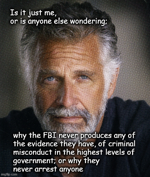 What's up with the FBI? | Is it just me, 
or is anyone else wondering;; why the FBI never produces any of 
the evidence they have, of criminal 
misconduct in the highest levels of 
government; or why they 
never arrest anyone | image tagged in politics | made w/ Imgflip meme maker