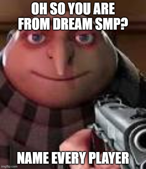 Gru with Gun | OH SO YOU ARE FROM DREAM SMP? NAME EVERY PLAYER | image tagged in gru with gun | made w/ Imgflip meme maker