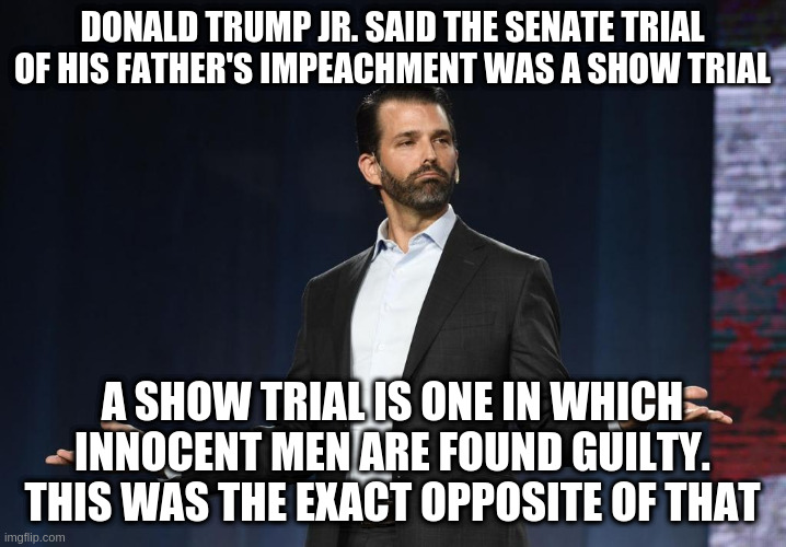 Of course not guilty is not the same as innocent... | DONALD TRUMP JR. SAID THE SENATE TRIAL OF HIS FATHER'S IMPEACHMENT WAS A SHOW TRIAL; A SHOW TRIAL IS ONE IN WHICH INNOCENT MEN ARE FOUND GUILTY. THIS WAS THE EXACT OPPOSITE OF THAT | image tagged in trump,donald trump jr,humor,impeachment | made w/ Imgflip meme maker