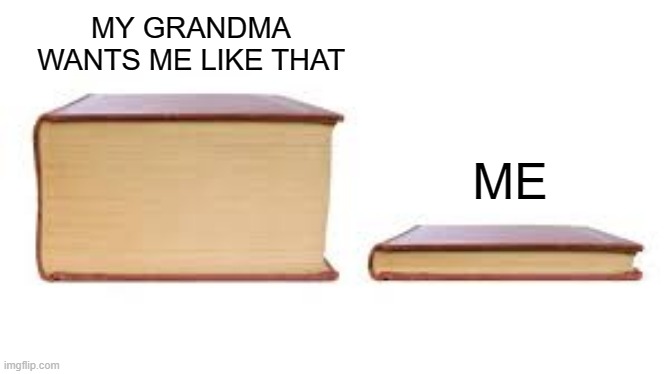 Big book small book | MY GRANDMA WANTS ME LIKE THAT; ME | image tagged in big book small book | made w/ Imgflip meme maker