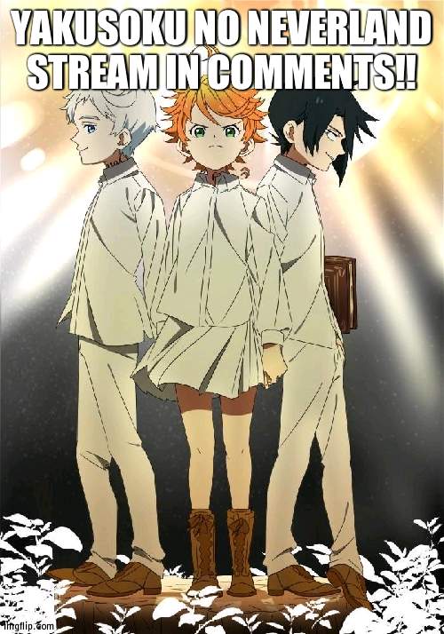 The promised neverland trio | YAKUSOKU NO NEVERLAND STREAM IN COMMENTS!! | image tagged in the promised neverland trio | made w/ Imgflip meme maker