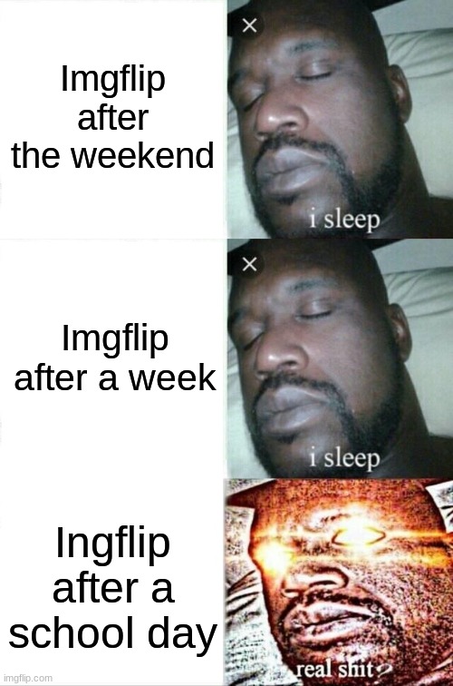 For some reason, notifications for me come in by at least 3 after school. | Imgflip after the weekend; Imgflip after a week; Ingflip after a school day | image tagged in memes,sleeping shaq,school,imgflip news | made w/ Imgflip meme maker