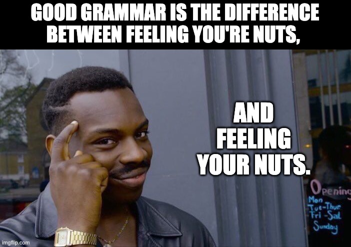 Nuts | GOOD GRAMMAR IS THE DIFFERENCE BETWEEN FEELING YOU'RE NUTS, AND FEELING YOUR NUTS. | image tagged in memes,roll safe think about it | made w/ Imgflip meme maker
