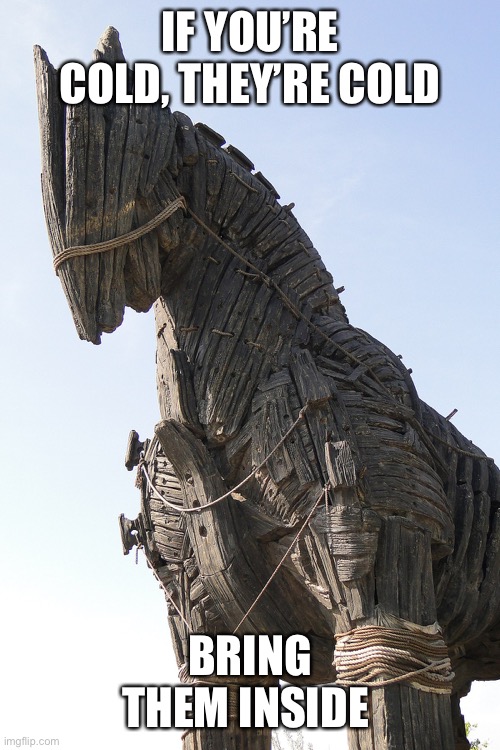 trojan horse | IF YOU’RE COLD, THEY’RE COLD; BRING THEM INSIDE | image tagged in trojan horse,troy,greek mythology,greek,war | made w/ Imgflip meme maker