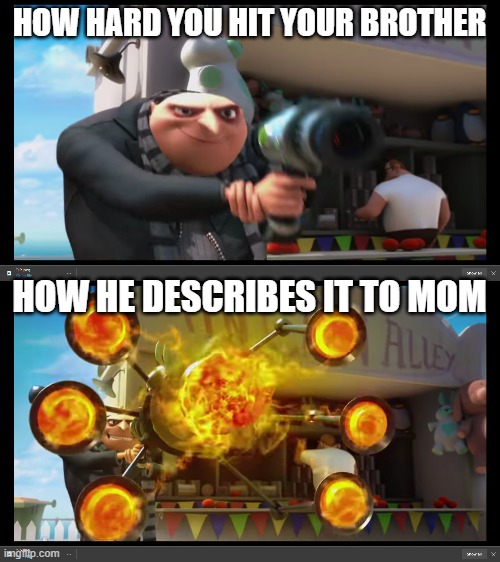 Gru gun | HOW HARD YOU HIT YOUR BROTHER; HOW HE DESCRIBES IT TO MOM | image tagged in brothers | made w/ Imgflip meme maker