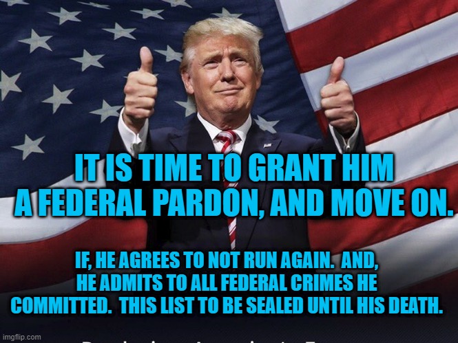 Time To Calm The Waters. | IT IS TIME TO GRANT HIM A FEDERAL PARDON, AND MOVE ON. IF, HE AGREES TO NOT RUN AGAIN.  AND, HE ADMITS TO ALL FEDERAL CRIMES HE COMMITTED.  THIS LIST TO BE SEALED UNTIL HIS DEATH. | image tagged in politics | made w/ Imgflip meme maker