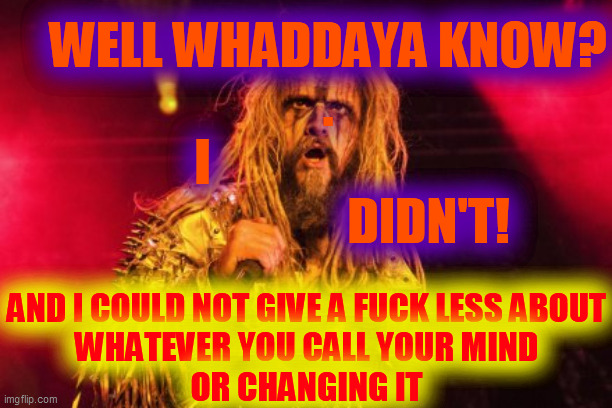 Rob Zombie | WELL WHADDAYA KNOW?
.
        I                                                      DIDN'T! AND I COULD NOT GIVE A FUCK LESS ABOUT
WHATEVER | image tagged in rob zombie | made w/ Imgflip meme maker