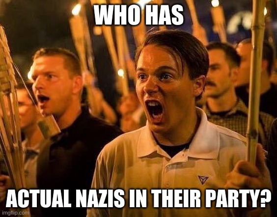 Triggered neo nazi | WHO HAS ACTUAL NAZIS IN THEIR PARTY? | image tagged in triggered neo nazi | made w/ Imgflip meme maker