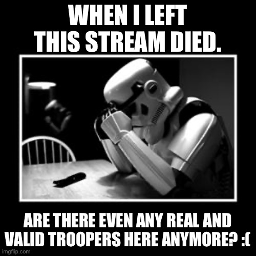 Big sad | WHEN I LEFT THIS STREAM DIED. ARE THERE EVEN ANY REAL AND VALID TROOPERS HERE ANYMORE? :( | image tagged in sad trooper | made w/ Imgflip meme maker