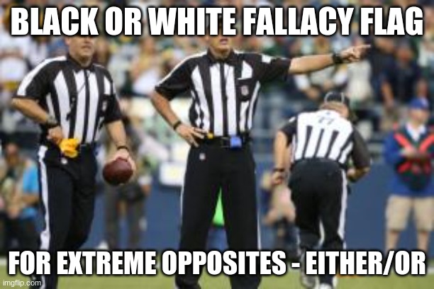 Black or White Logical Fallacy | BLACK OR WHITE FALLACY FLAG; FOR EXTREME OPPOSITES - EITHER/OR | image tagged in nfl referee | made w/ Imgflip meme maker