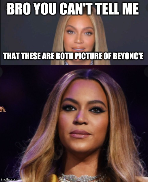 Bro don't tell me im the only one who thinks this | BRO YOU CAN'T TELL ME; THAT THESE ARE BOTH PICTURES OF BEYONCE | image tagged in funny memes,conspiracy theory | made w/ Imgflip meme maker