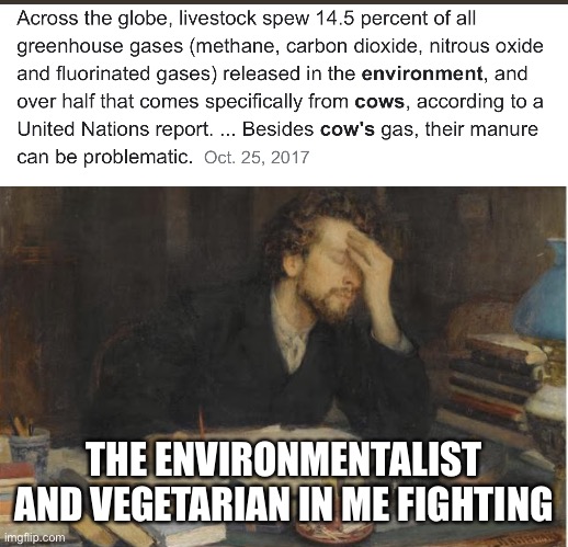 Todays Conflict  | THE ENVIRONMENTALIST AND VEGETARIAN IN ME FIGHTING | image tagged in todays conflict | made w/ Imgflip meme maker