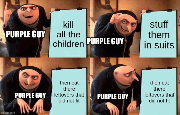 R.I.P | kill all the children; stuff them in suits; PURPLE GUY; PURPLE GUY; then eat there leftovers that did not fit; then eat there leftovers that did not fit; PURPLE GUY; PURPLE GUY | image tagged in memes,gru's plan,fnaf,funny,oof | made w/ Imgflip meme maker
