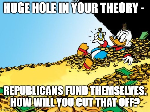 Scrooge McDuck Meme | HUGE HOLE IN YOUR THEORY - REPUBLICANS FUND THEMSELVES. HOW WILL YOU CUT THAT OFF? | image tagged in memes,scrooge mcduck | made w/ Imgflip meme maker