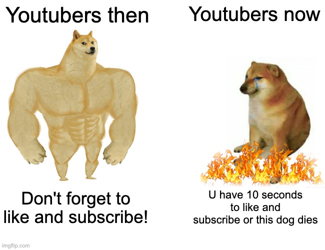 I miss the good ol' days | Youtubers then; Youtubers now; Don't forget to like and subscribe! U have 10 seconds to like and subscribe or this dog dies | image tagged in memes,buff doge vs cheems | made w/ Imgflip meme maker