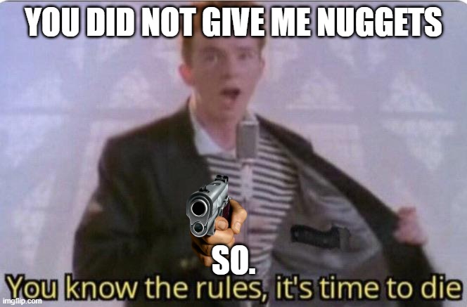 I did not give him nuggets , now he is taking his revenge | YOU DID NOT GIVE ME NUGGETS; SO. | image tagged in you know the rules its time to die | made w/ Imgflip meme maker