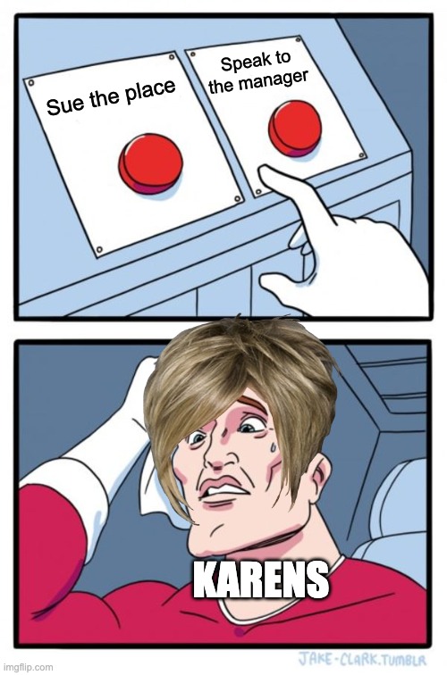 Haha karen finally can't choose! | Speak to the manager; Sue the place; KARENS | image tagged in memes,two buttons | made w/ Imgflip meme maker
