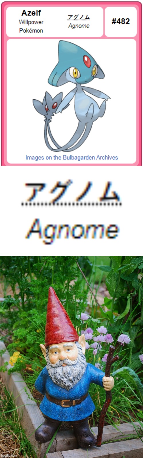 Zelf=Gnome?! | image tagged in gnome,azelf,pokemon,japanese,memes,translation | made w/ Imgflip meme maker
