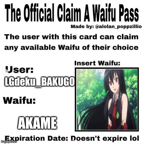 Official claim a waifu pass | LGdeku_BAKUGO; AKAME | image tagged in official claim a waifu pass | made w/ Imgflip meme maker